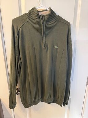 Lacoste Men's Olive Green Quarter-Zip Ribbed Collar Sweater